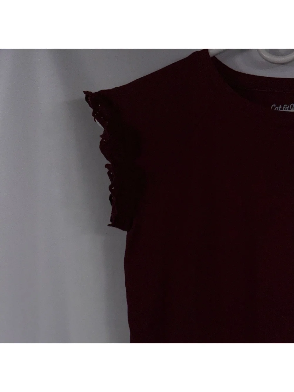 Cat & Jack Girls Size L 10/12 Burgundy Eyelet Flutter Sleeve Top